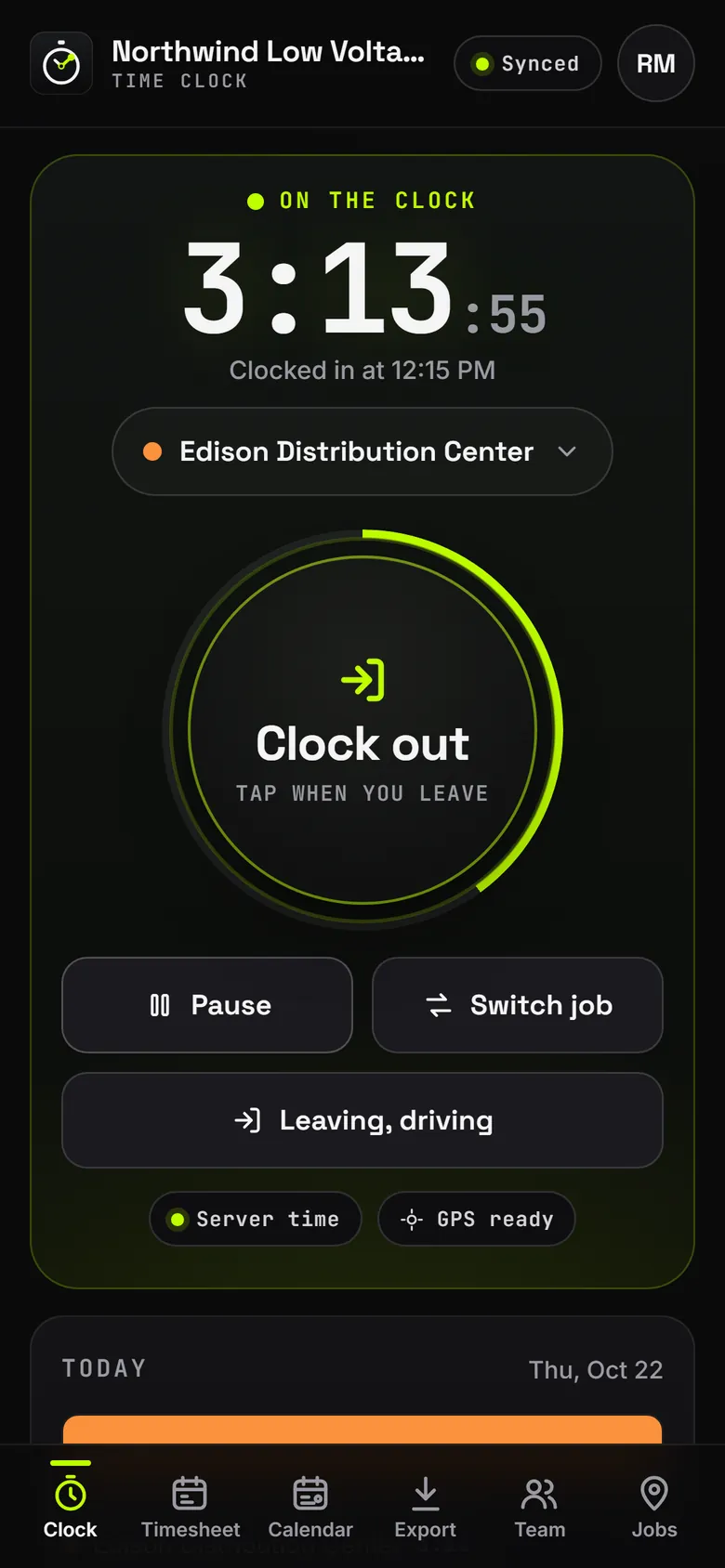 Time Clock on a phone: on the clock at Edison Distribution Center, server time and GPS ready