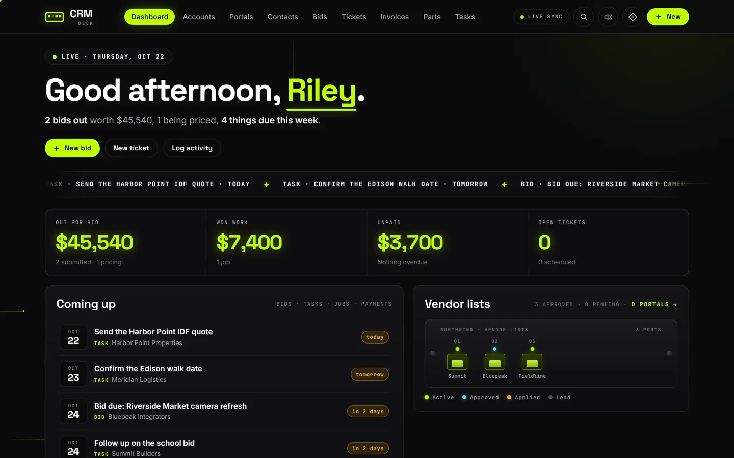 The CRM dashboard for a made-up company: bids out, won work, unpaid invoices, what is coming up and vendor lists