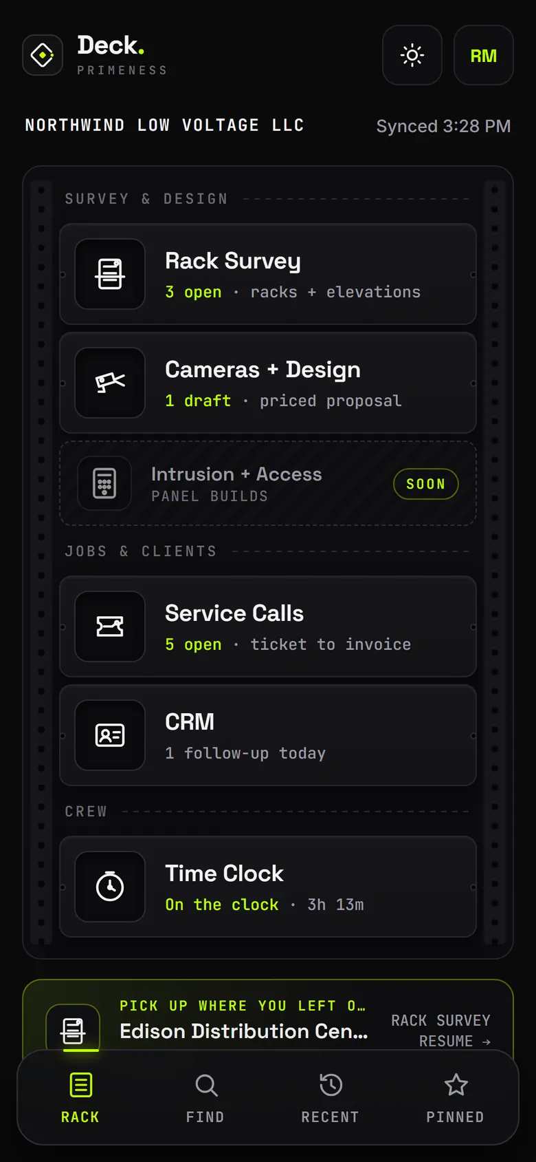 Primeness Deck on a phone for the same made-up company, with the job to pick up where you left off