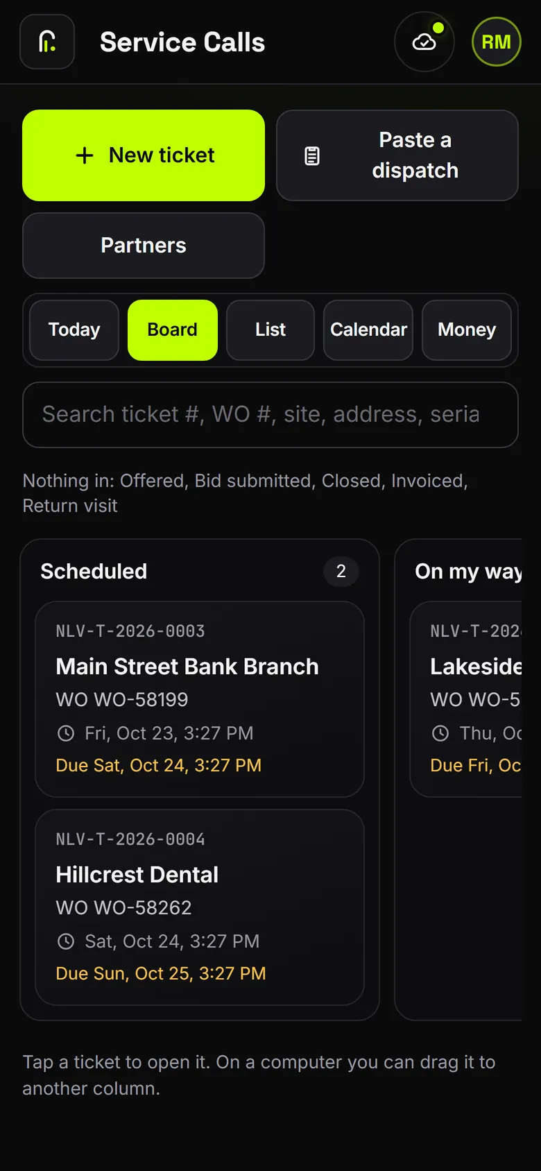 The ticket board for a made-up company: scheduled tickets with their work orders and due times