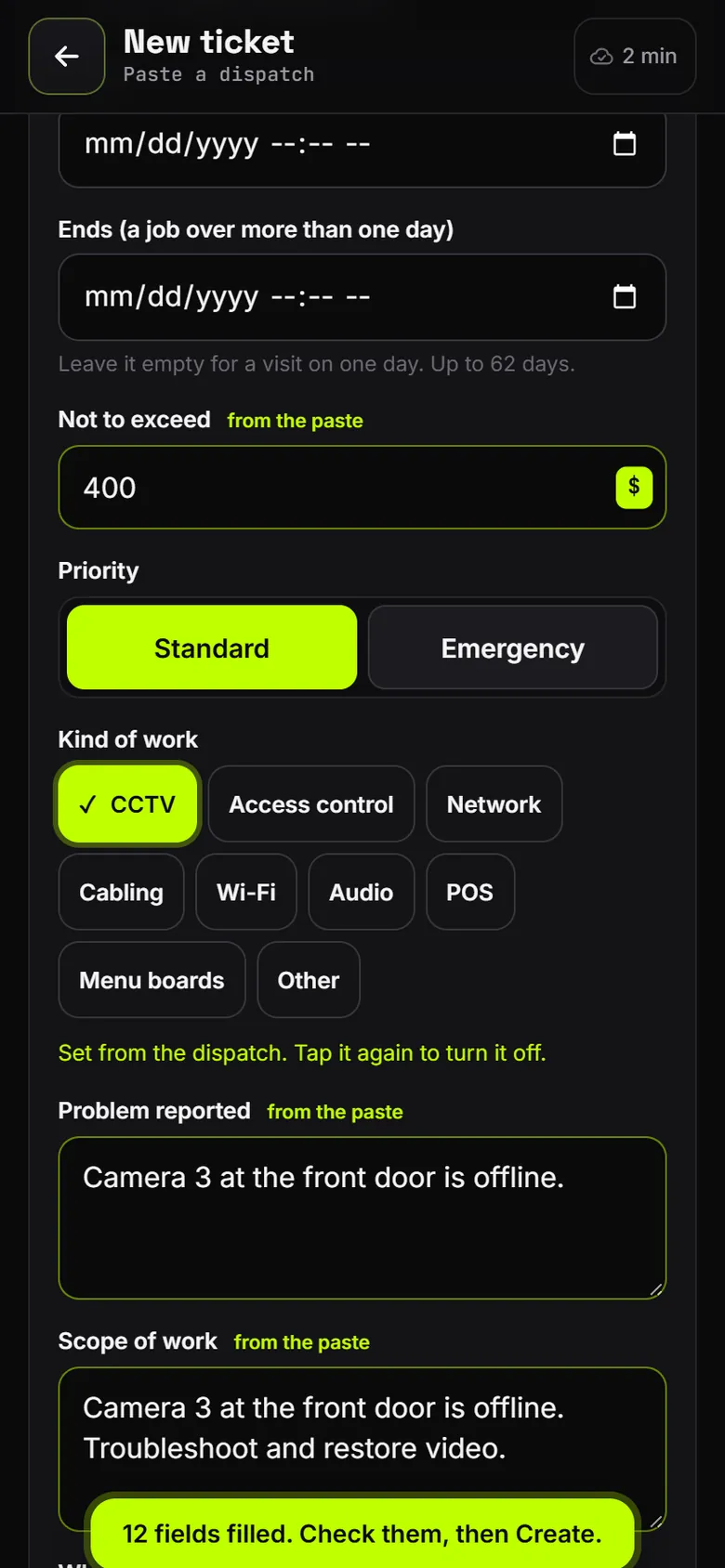 Service Calls on a phone: a pasted dispatch filled in the not-to-exceed, the kind of work, the problem and the scope