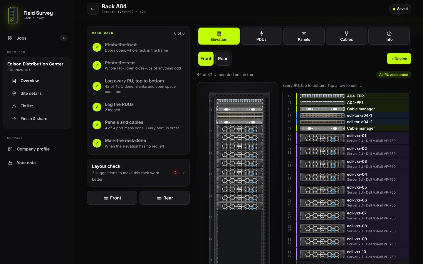 Field Survey on a laptop: rack A04 with the rack walk done and all 42 U recorded, Cisco Nexus switches and Dell PowerEdge servers drawn with their real front images