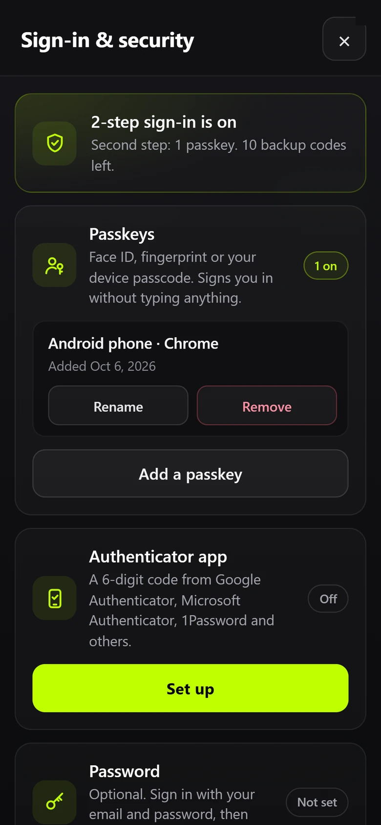 Sign-in and security screen: 2-step sign-in is on, with a passkey and backup codes