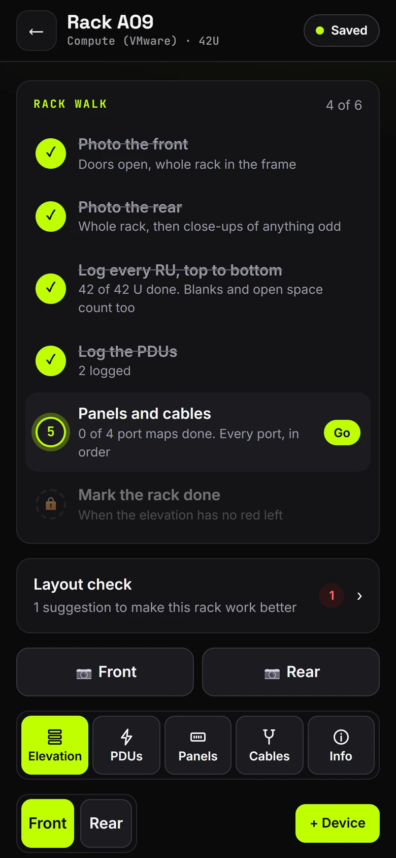 Rack walk on a phone for rack A09: photos, every U and the PDUs done, panels and cables next