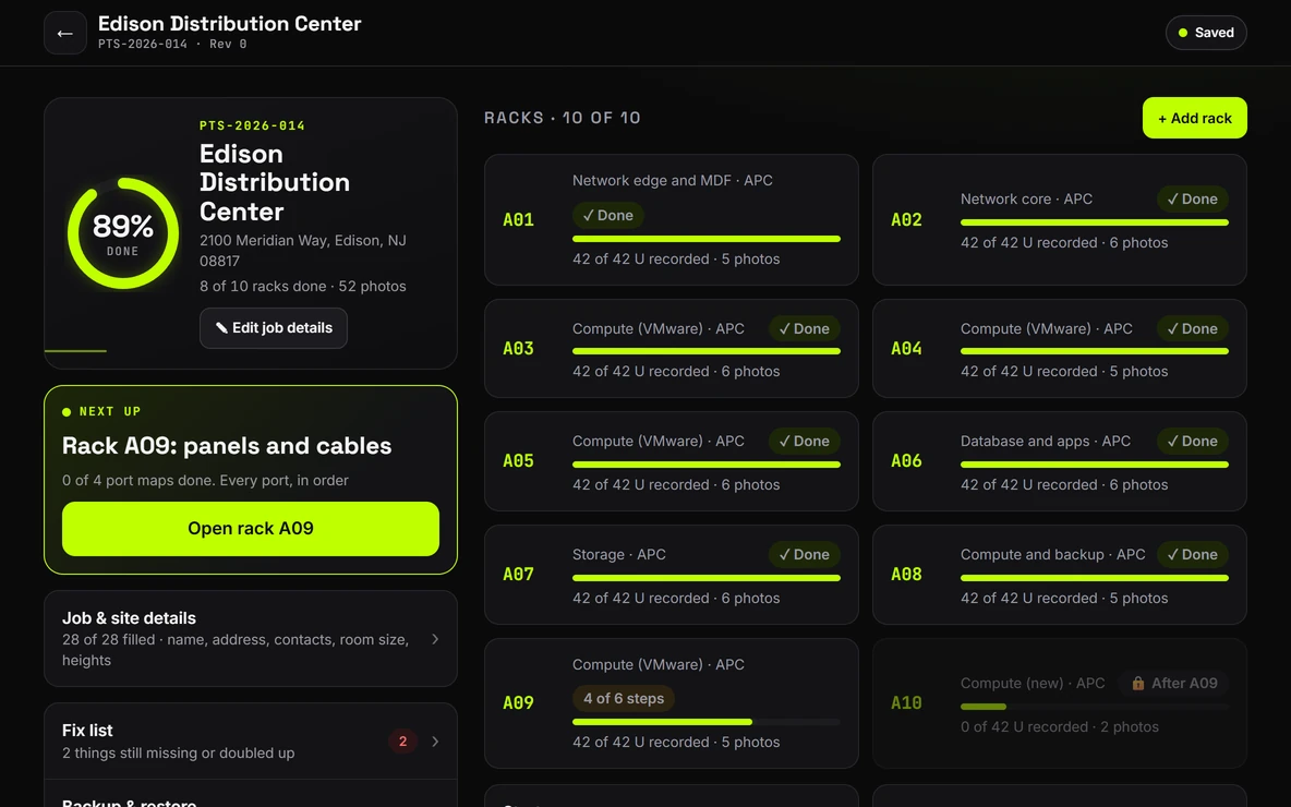 Field Survey on a tablet: Edison Distribution Center, 89 percent done, 8 of 10 racks